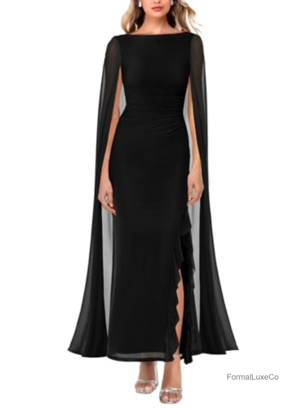 Women's Long Sleeve Mesh Ruched Formal Maxi Dress with Cape Split